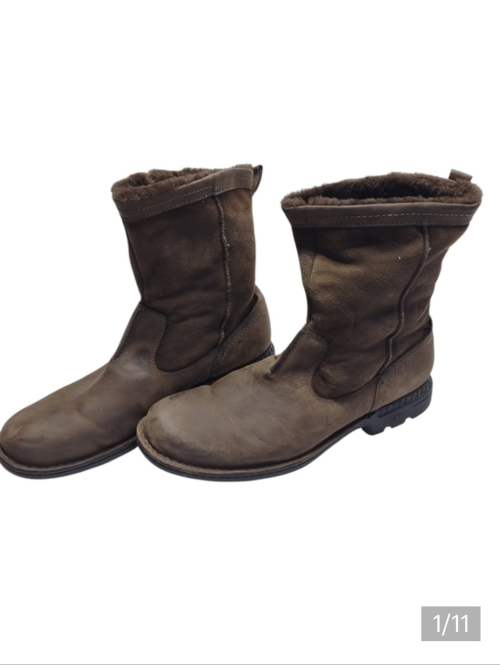 UGG Men's Size 15 Brown Leather/Suede Pull-On Boots Sheepskin Fur Lining